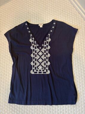J. Crew Navy V-Neck Tunic with White Embroidery